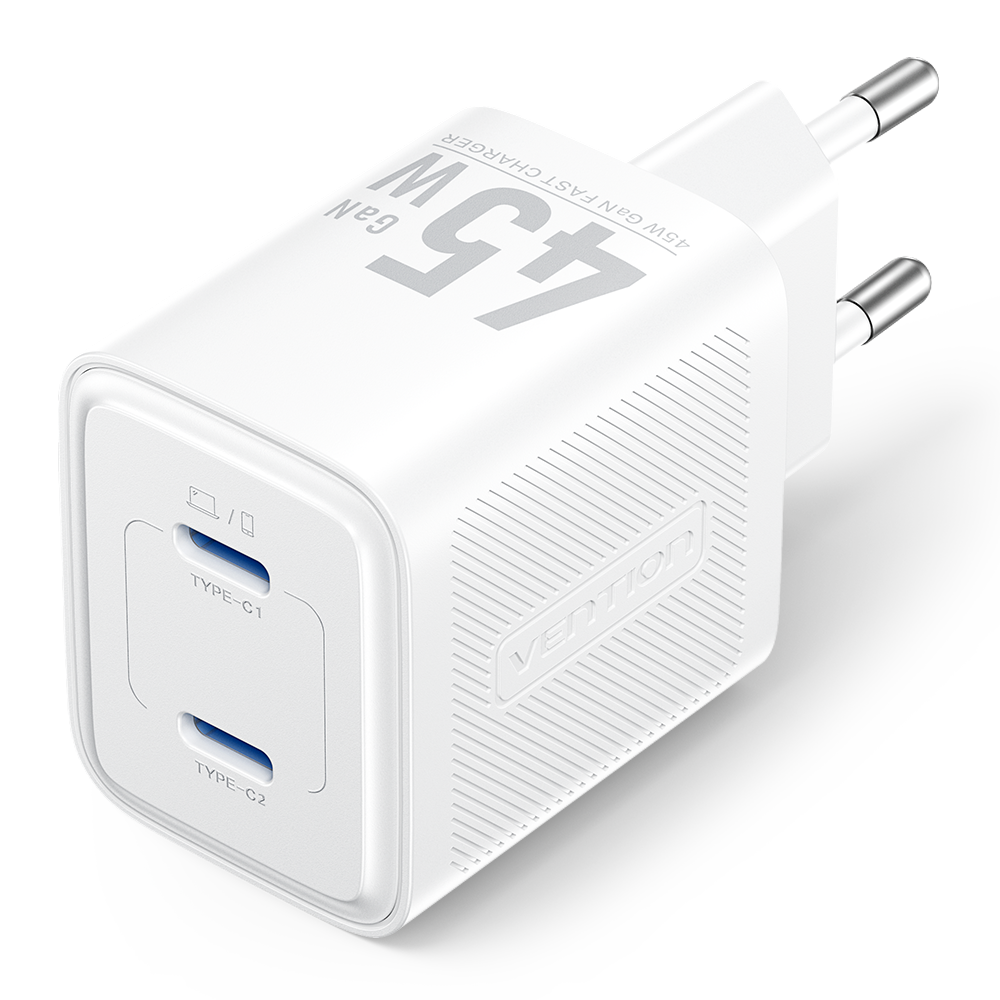 2 portos USB (C + C) GaN gyorstöltő (45W/45W), fehér színben