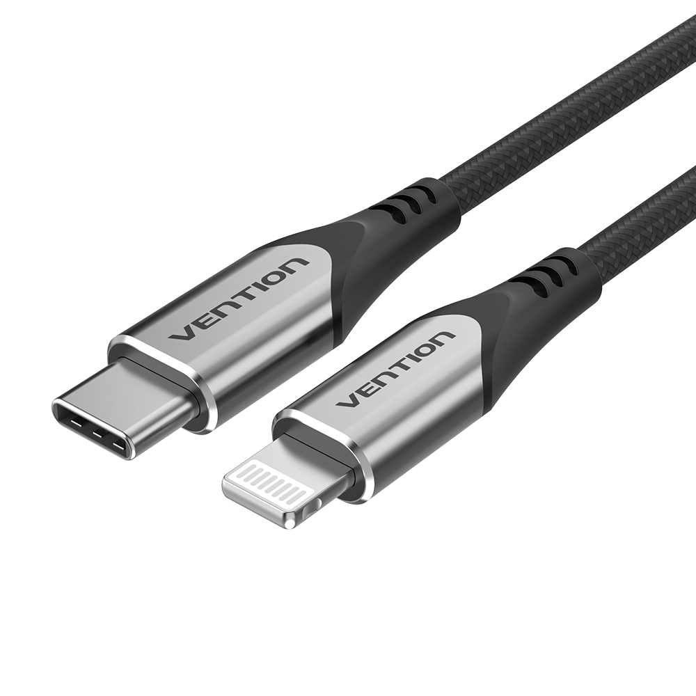 USB-C 2.0/apa -> Lightning/apa, szürke, alumínium házas, nylon fonott, 3A, 27W, 2m, adat- és töltőkábel
