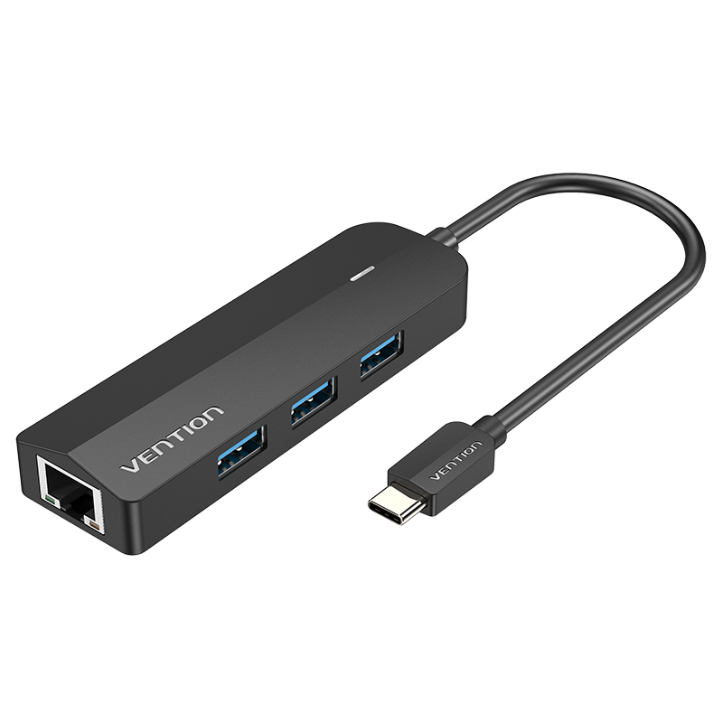 5in1 USB-C/apa -> 3×USB-A 3.0 + RJ45 + Micro-B (táp), fekete, ABS, 0,15m, USB hub