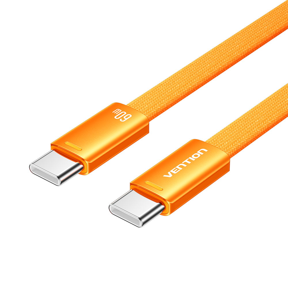 USB-C/apa -> USB-C/apa, narancs, fonott, 3A, 60W, 2m, lapos kivitelű, adat- és töltőkábel