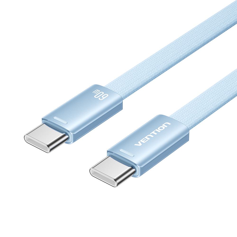 USB-C/apa -> USB-C/apa, kék, fonott, 3A, 60W, 1,5m, lapos kivitelű, adat- és töltőkábel