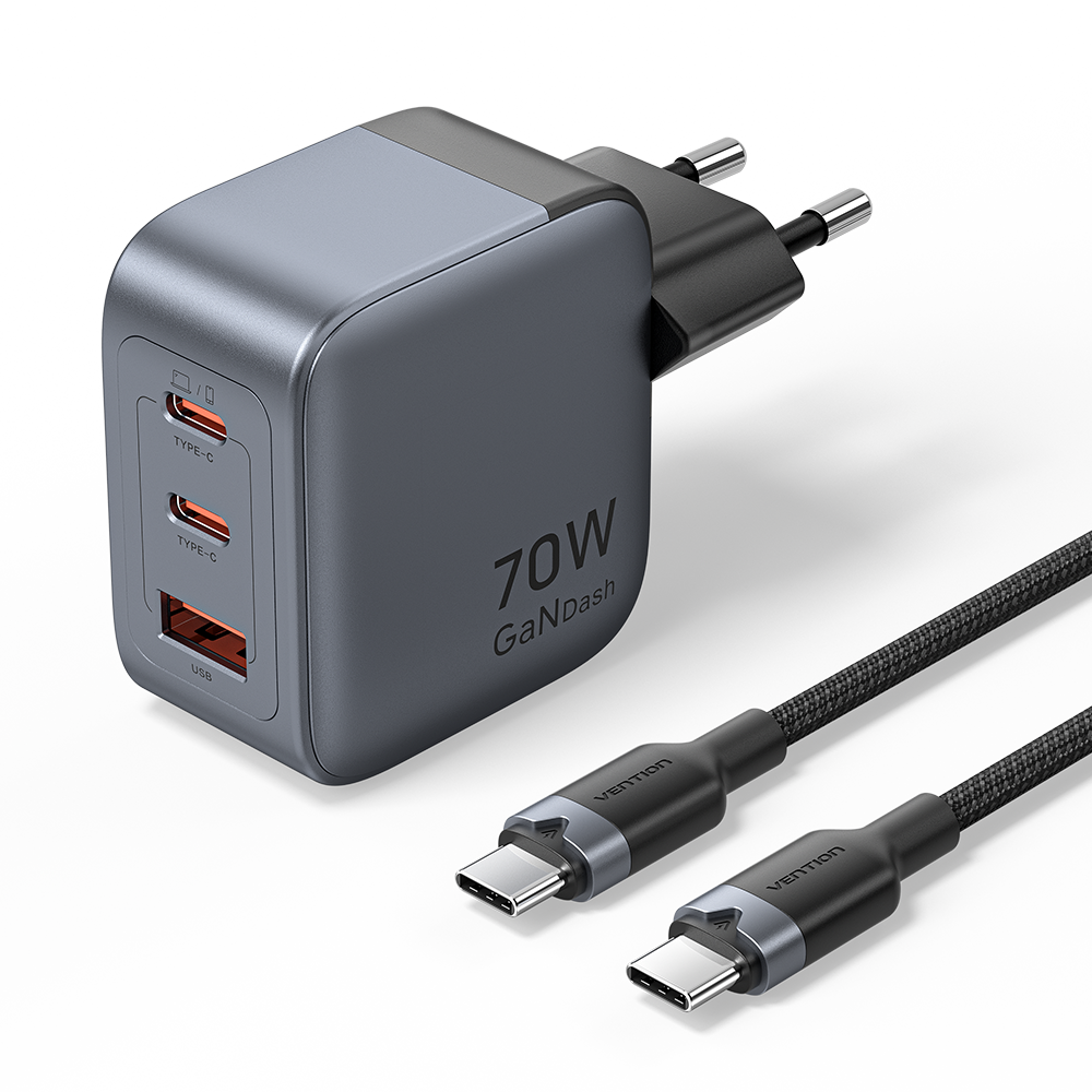 3 portos USB (C + C + A) GaN gyorstöltő (70W/70W/22,5W), szürke színben + 1m USB-C kábel (100W) szett