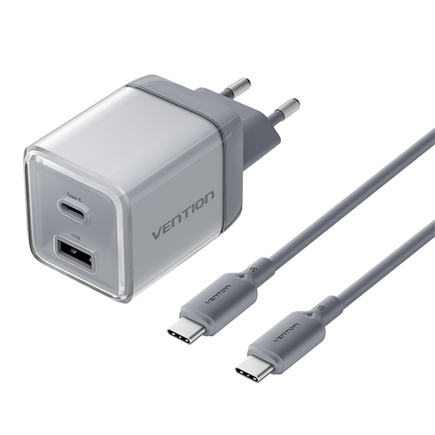 2 portos USB (C + A) GaN gyorstöltő (70W/22,5W), szürke színben + 1m USB-C kábel (100W) szett